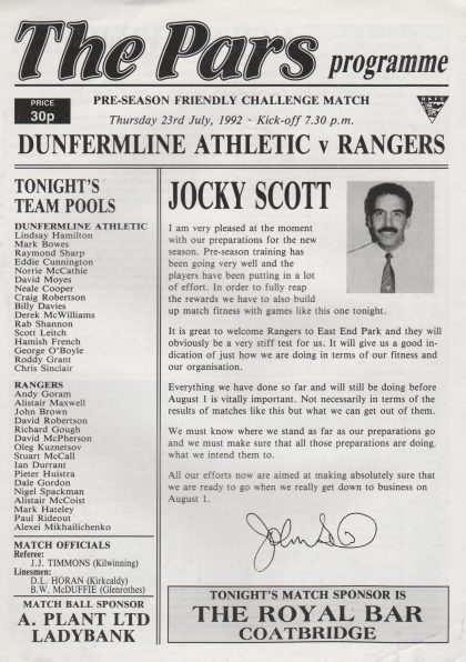 Dunfermline Athletic v Glasgow Rangers 23-Jul-1992