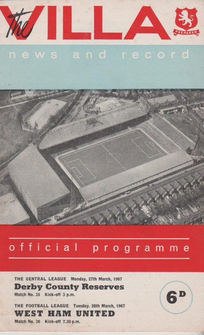Aston Villa Reserves v Derby County Reserves  27-Mar-1967