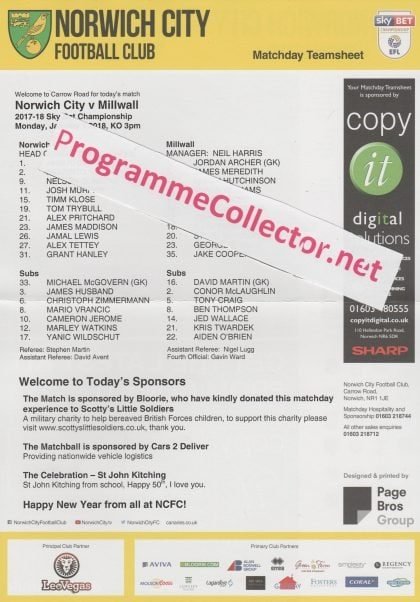 Norwich City v Millwall 01-Jan-2018