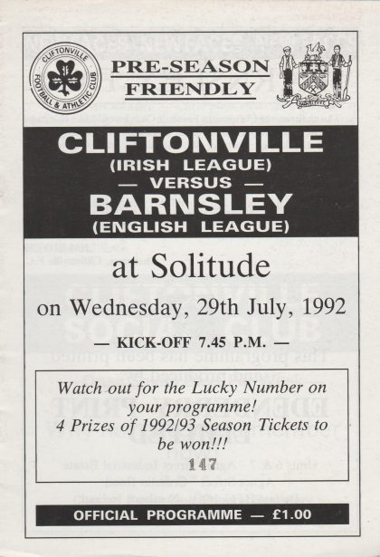 Cliftonville v Barnsley  29-Jul-1992