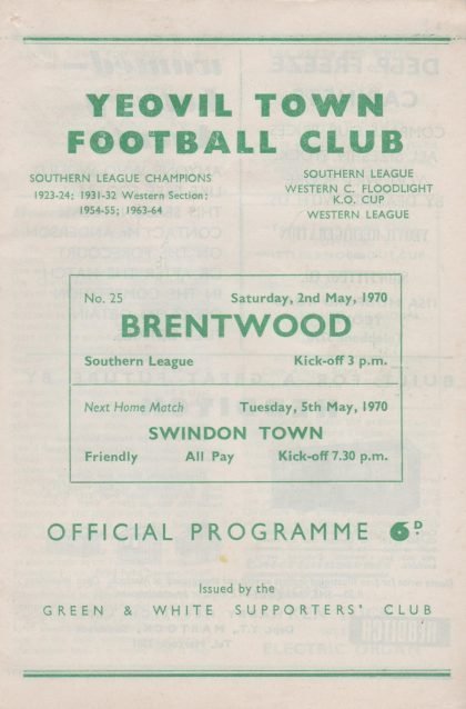 Yeovil Town v Brentwood Town  02-May-1970