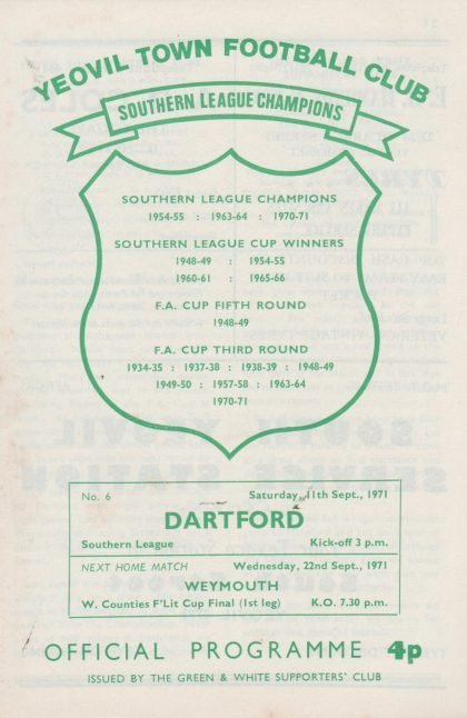 Yeovil Town v Dartford  11-Sep-1971