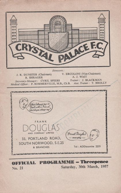 Crystal Palace v Walsall  30-Mar-1957
