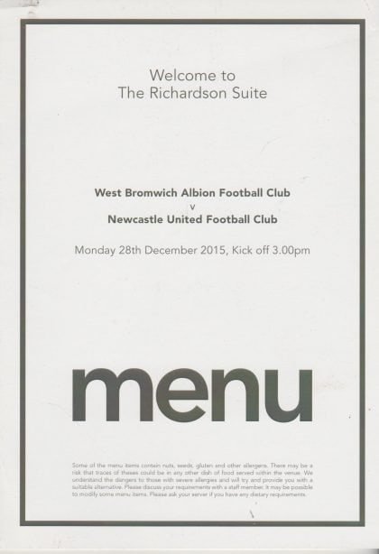 Menu - West Bromwich Albion v Newcastle United 28-Dec-2015