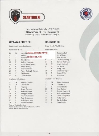 Ottawa Fury v Glasgow Rangers  23-Jul-2014