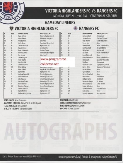 Victoria Highlanders v Glasgow Rangers  22-Jul-2014