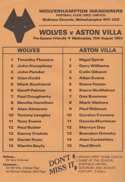 Wolverhampton Wanderers v Aston Villa 15-Aug-1984