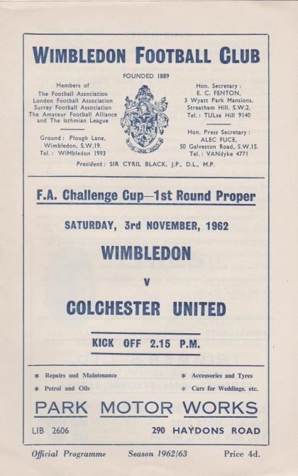 Wimbledon v Colchester United 03-Nov-1962