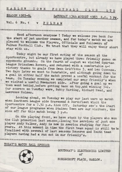 Harlow Town v Fulham 13-Aug-1983