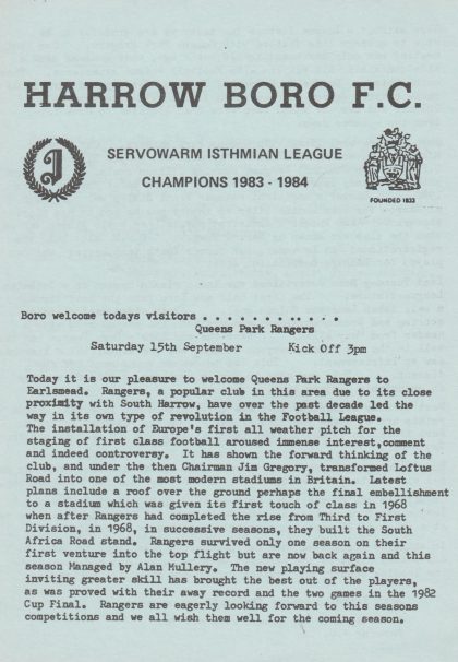 Harrow Borough v Queens Park Rangers  15-Sep-1984