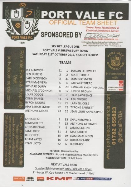 Port Vale v Shrewsbury Town 31-Oct-2015