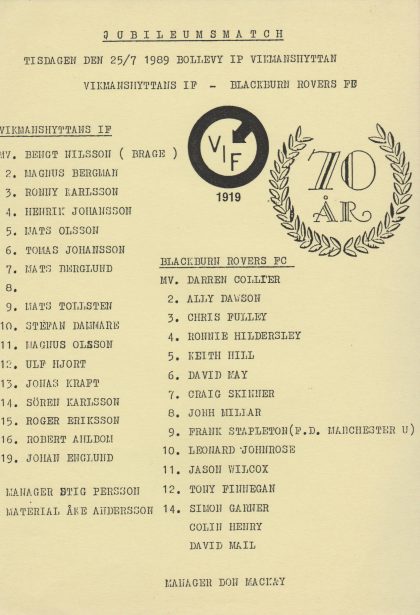 Vikmanshyttans IF v Blackburn Rovers   25-Jul-1989