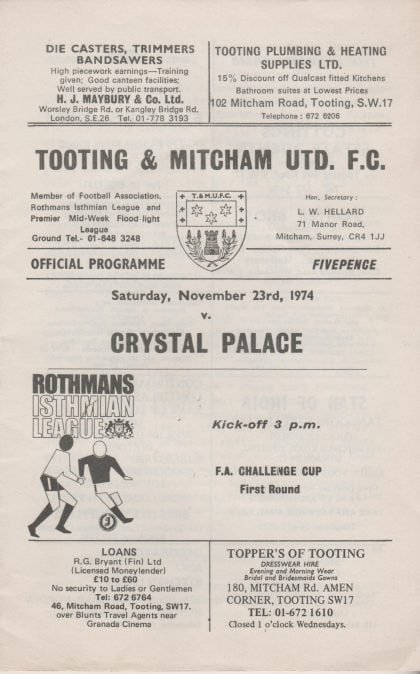 Tooting & Mitcham United v Crystal Palace  23-Nov-1974