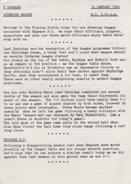 Chalfont St Peter v Edgware 14-Jan-1984
