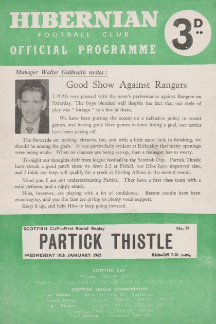 Hibernian v Partick Thistle  10-Jan-1962