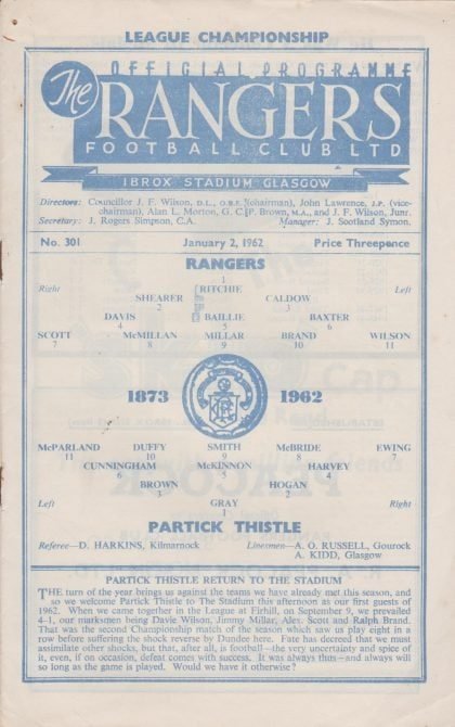 Glasgow Rangers v Partick Thistle 02-Jan-1962