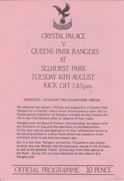 Crystal Palace v Queens Park Rangers 16-Aug-1983