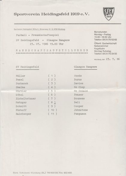 SV Heidingsfeld v Glasgow Rangers  23-Jul-1986