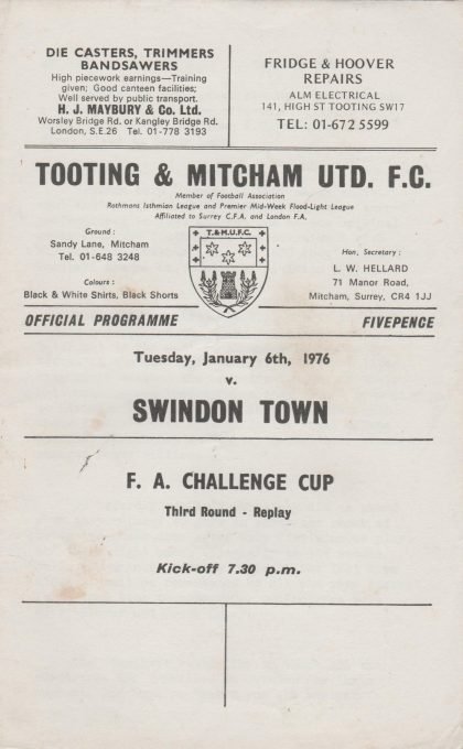 Tooting & Mitcham United v Swindon Town  06-Jan-1976