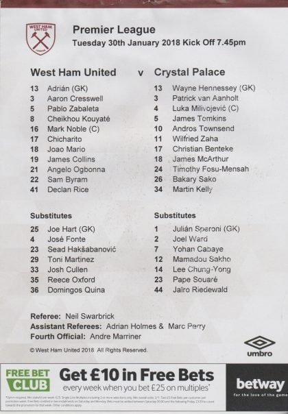 West Ham United v Crystal Palace 30-Jan-2018