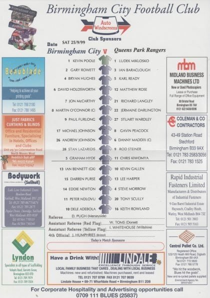 Birmingham City v Queens Park Rangers 25-Sep-1999