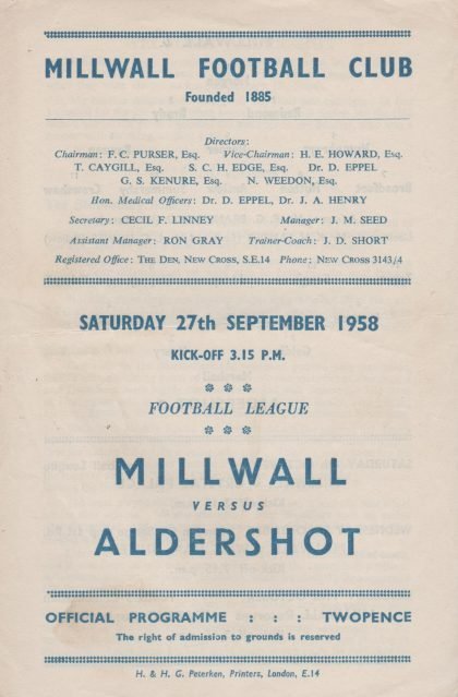 Millwall v Aldershot 27-Sep-1958