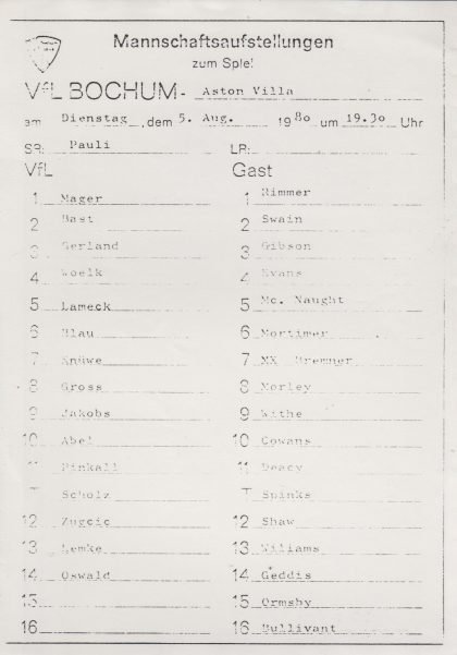 VFL Bochum v Aston Villa 05-Aug-1980