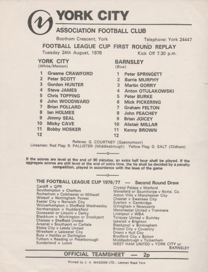 York City v Barnsley 24-Aug-1976