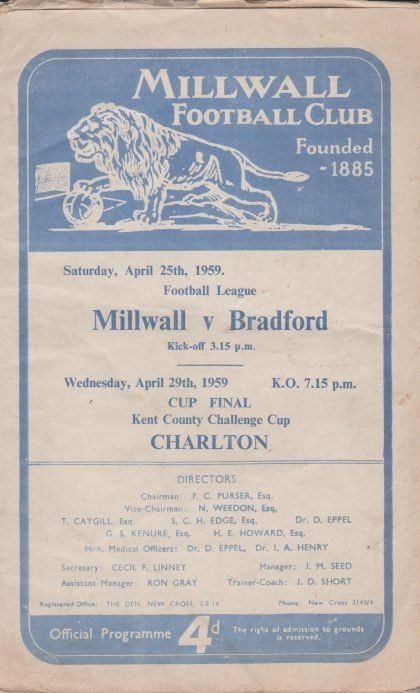 Millwall v Bradford Park Avenue 25-Apr-1959