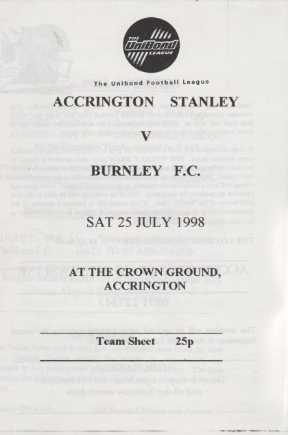 Accrington Stanley v Burnley  25-Jul-1998