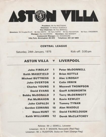Aston Villa v Liverpool  24-Jan-1975