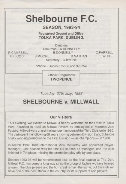 Shelbourne v Millwall 27-Jul-1993
