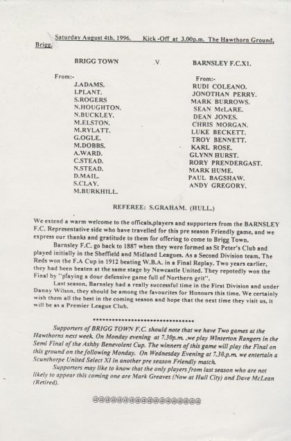 Brigg Town v Barnsley  04-Aug-1996