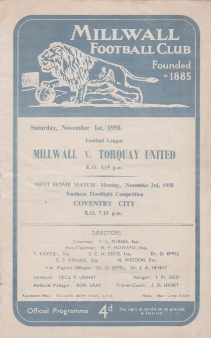 Millwall v Torquay United 01-Nov-1958