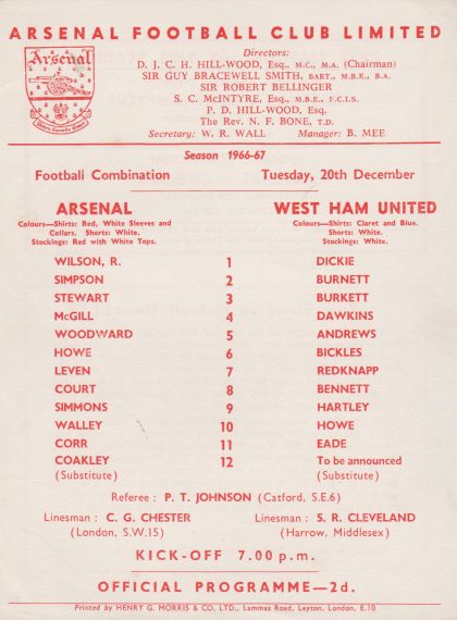 Arsenal Reserves v West Ham United Reserves 20-Dec-1966