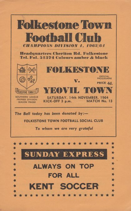 Folkestone Town v Yeovil Town  14-Nov-1964