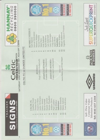 Glasgow Celtic v Dundee United  22-Nov-1997
