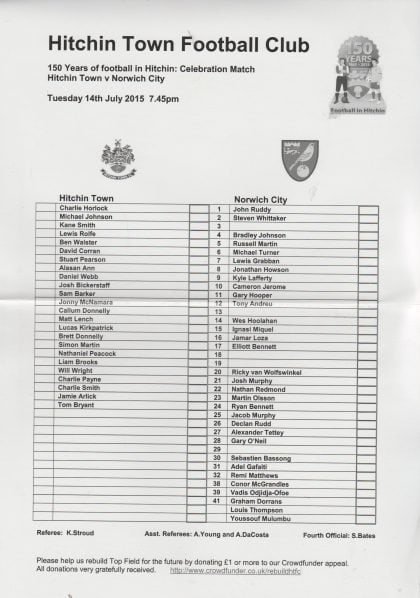 Hitchin Town v Norwich City 14-Jul-2015
