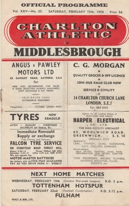 Charlton Athletic v Middlesbrough  15-Feb-1958