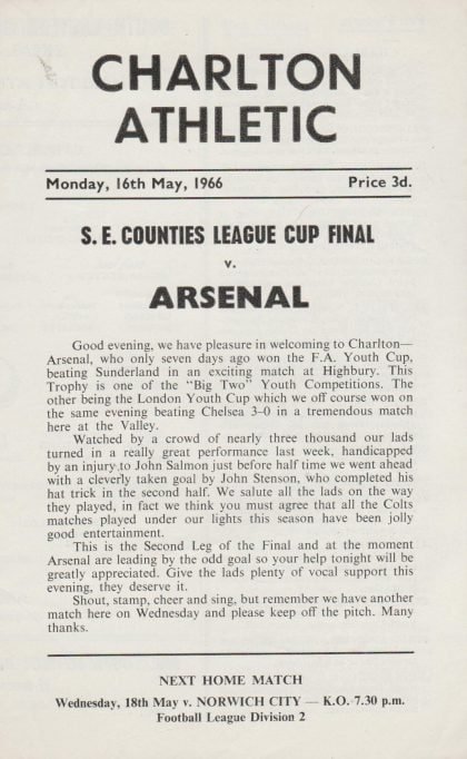 Charlton Athletic Youth v Arsenal Youth 16-May-1966