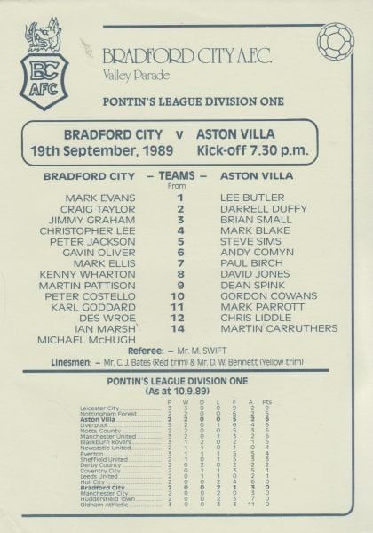 Bradford City Reserves v Aston Villa Reserves 19-Sep-1989