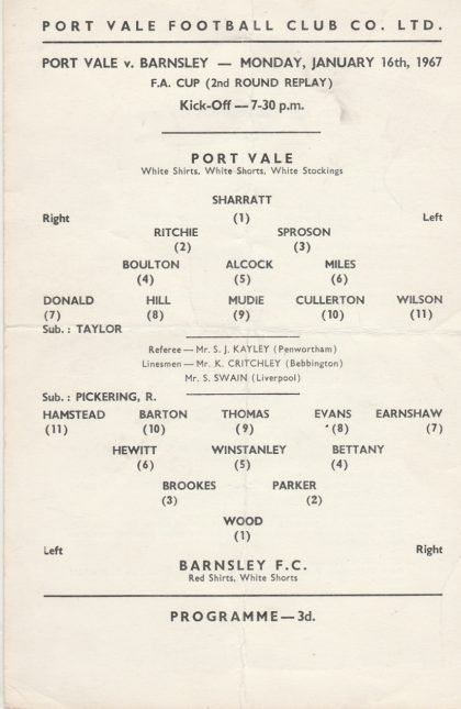 Port Vale v Barnsley  16-Jan-1967