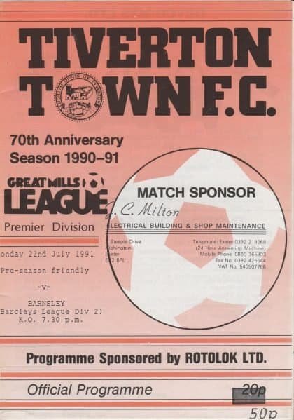 Tiverton Town v Barnsley  22-Jul-1991