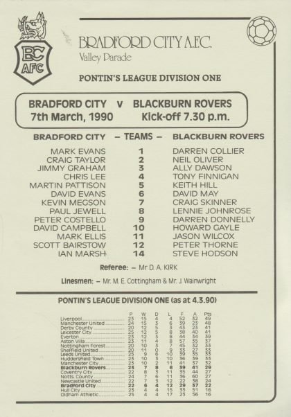 Bradford City Reserves v Blackburn Rovers Reserves 07-Mar-1990