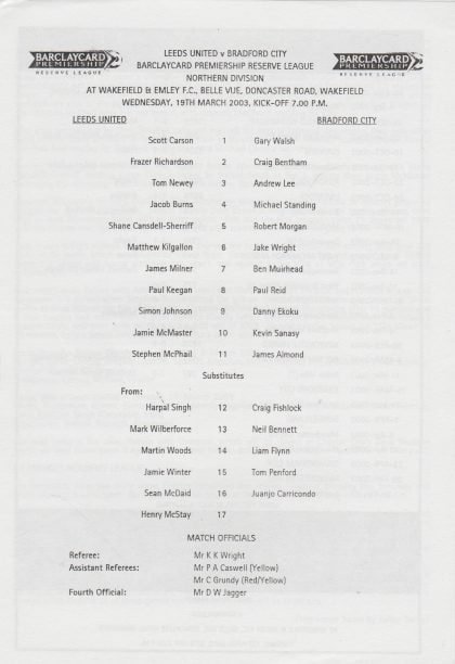 Leeds United Reserves v Bradford City Reserves  19-Mar-2003