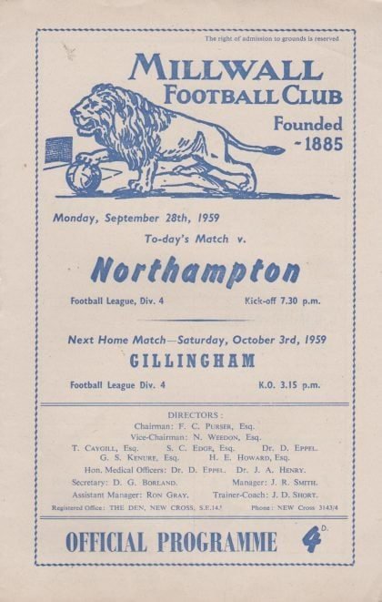 Millwall v Northampton Town  28-Sep-1959
