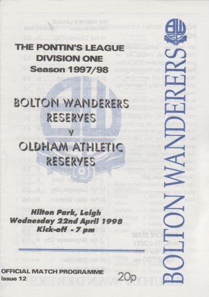 Bolton Wanderers Reserves v Oldham Athletic Reserves 22-Apr-1998