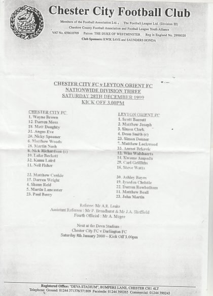 Chester City v Leyton Orient   28-Dec-1999