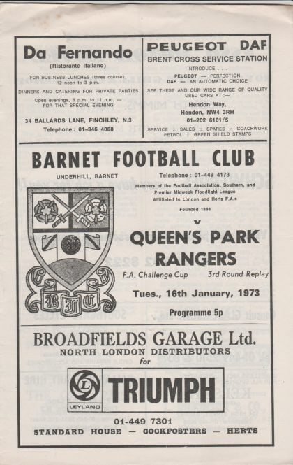 Barnet v Queens Park Rangers 16-Jan-1973