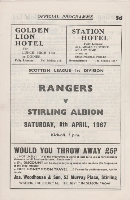 Stirling Albion v Glasgow Rangers 08-Apr-1967